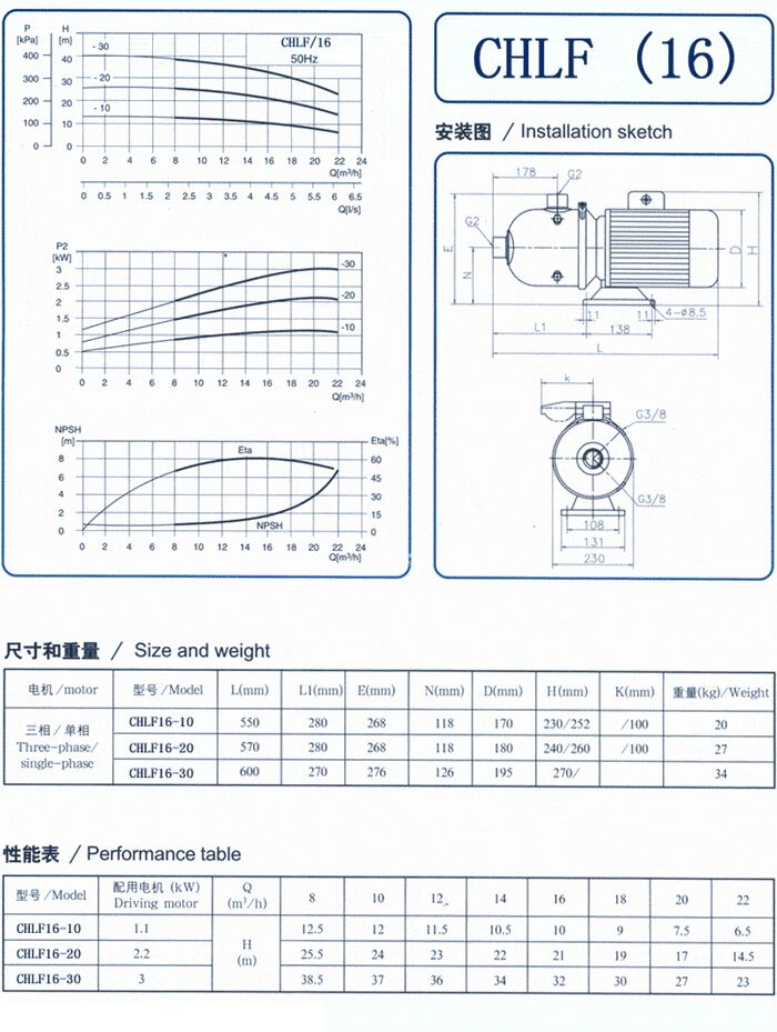 CHLF輕型立式不銹鋼多級(jí)離心泵安裝圖、尺寸、性能