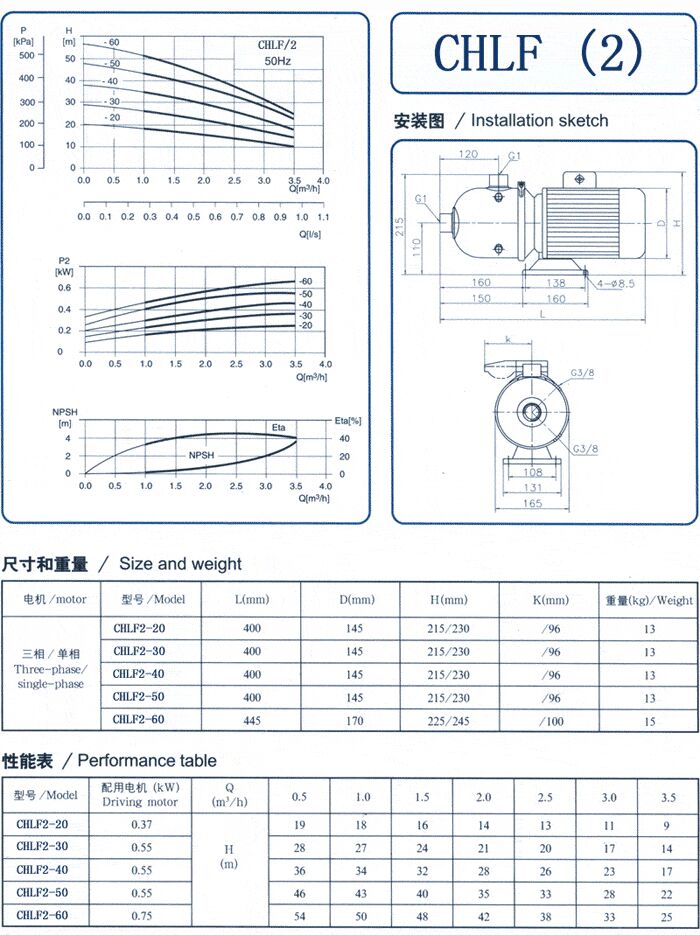CHLF輕型立式不銹鋼多級(jí)離心泵安裝圖、尺寸、性能