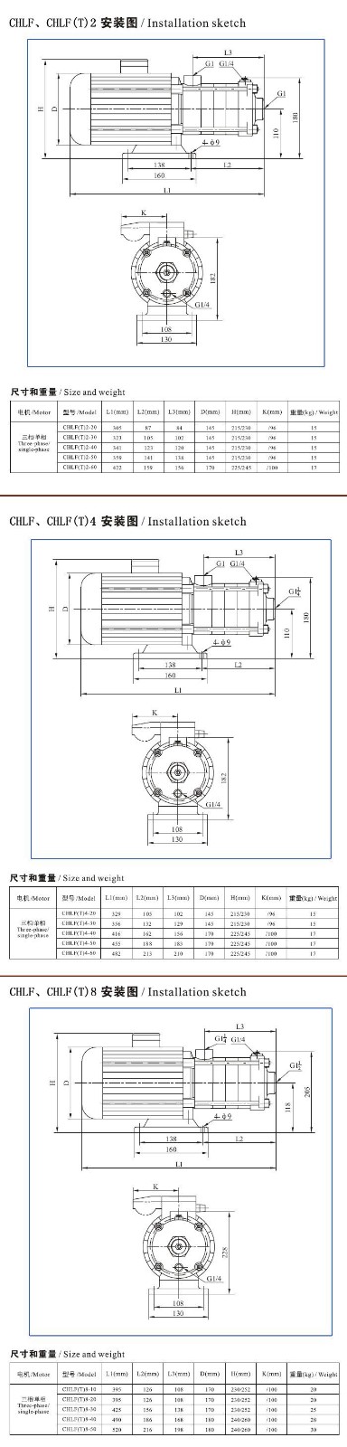 CHLF(T)輕型不銹鋼多級(jí)離心泵安裝圖、尺寸及重量